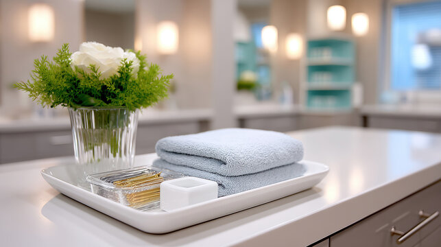 Clean manicure station tray with folded towel floral arrangement and nail supplies on counter for salon background and spa banner design