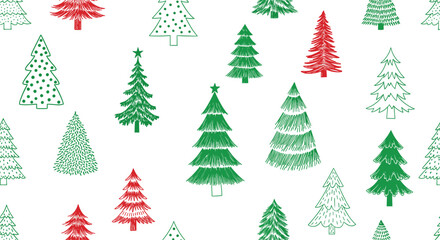 Obraz premium Festive seamless pattern featuring a variety of hand drawn green and red Christmas trees in different styles and shapes on a white background.