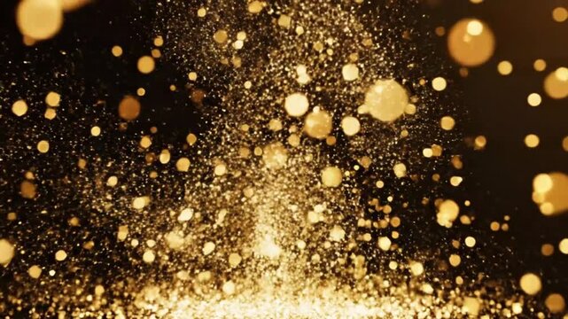 Golden dust particles floating and sparkling in dark atmosphere abstract background motion video
