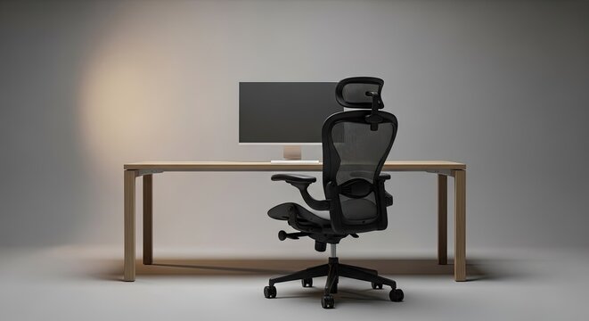Modern ergonomic office chair with headrest and mesh back placed in front of a minimalist wooden desk with a computer monitor on a neutral studio background