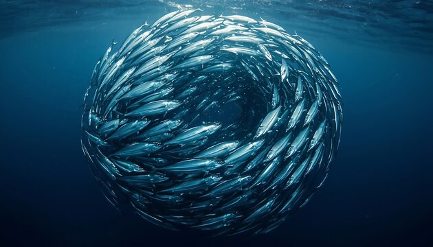A massive school of fish swimming in a tight, spherical bait ball formation in the deep blue ocean, creating a swirling vortex pattern underwater