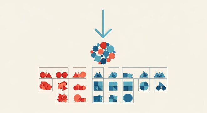 Abstract concept of data sorting and organization, a chaotic pile of various geometric shapes being categorized into orderly groups, flat vector illustration