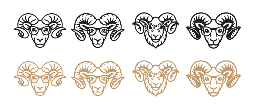 Set of ram head icons with glasses and horns in line art style.