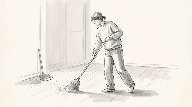 A sketch illustration of a young woman sweeping the floor with a broom and dustpan in a room