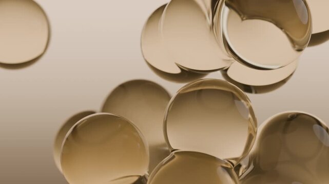 Golden bubbles background with liquid serum droplet, representing cosmetic innovation, collagen hyaluronic acid essence, organic oil molecule, premium skin care and beauty nutrition