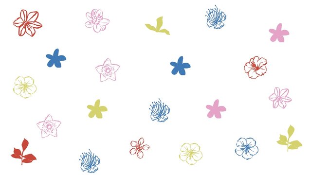 Cute Colorful Hand-Drawn Floral Seamless Pattern on White Background, Abstract Grunge Linocut Flower Backdrop for Fabric and Wallpaper Design.