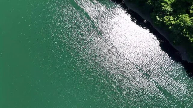 Sunlight glitters across emerald water. Ripples move softly over a calm surface. Green trees line the dark, rocky shore. Serene scene invites peace and quiet reflection. Ideal for tranquil nature
