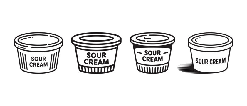 Set of sour cream plastic cups and containers in a simple line art style.