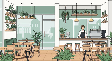 Cozy Cafe Interior with Barista and Plants, Modern Design, Natural Light © Leo