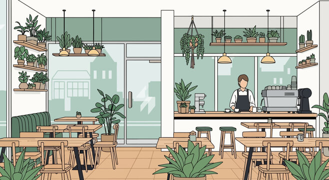 Cozy Cafe Interior with Barista and Plants, Modern Design, Natural Light
