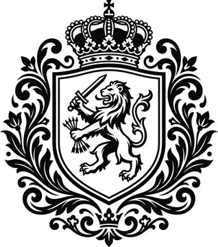Black and white heraldic lion coat of arms rendering with sword and arrows on a vintage crest shield.