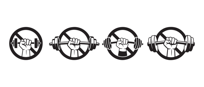 Set of warning signs with a human hand holding a heavy metal barbell for gym and fitness prohibited or restriction rules in black and white style.