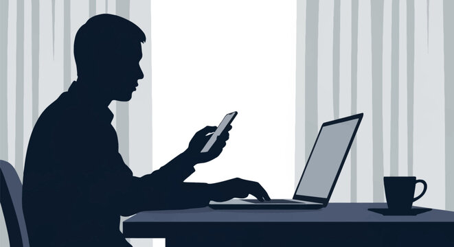 Silhouette of a man sitting at a desk multitasking with a laptop and smartphone in a home office or professional workspace with a window, curtains, and a coffee cup on the table.