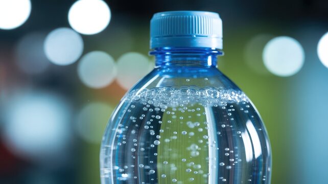 Clear plastic water bottle with bubbles and blue cap