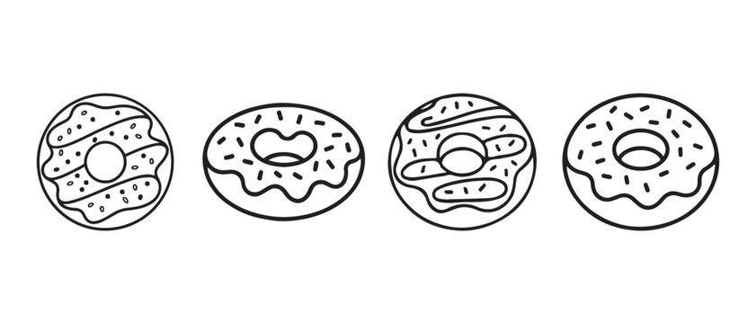 Set of four simple black and white line art donut icons with sprinkles and icing.