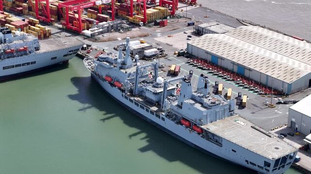 RFA Fort Victoria Royal Fleet Auxiliary ship in Liverpool docks drone aerial