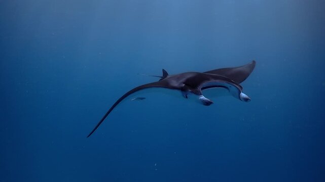 A close-up view of a reef manta ray swimming past with two remoras underneath