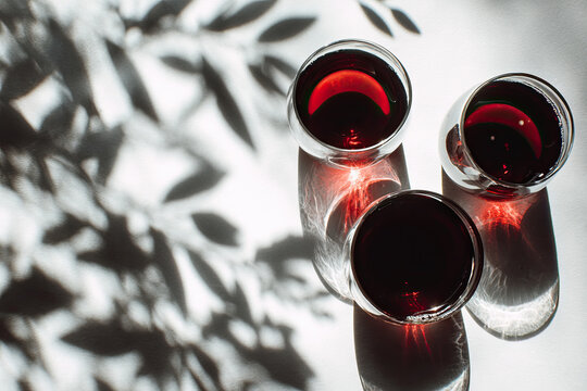 Sunlight still life of glasses of red wine, white background with leaves shadow and sun glare, caustic light effect. Minimal aesthetic trend photo with summer alcohol drink, dark light, top view 