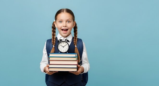 Excited young schoolgirl holding stack of books and vintage alarm clock back to school concept