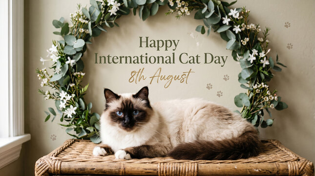 A beautiful ragdoll cat resting on a wicker table in front of a floral wreath, celebrating international cat day on the 8th of august