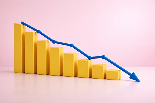 3D declining bar chart with blue downward arrow