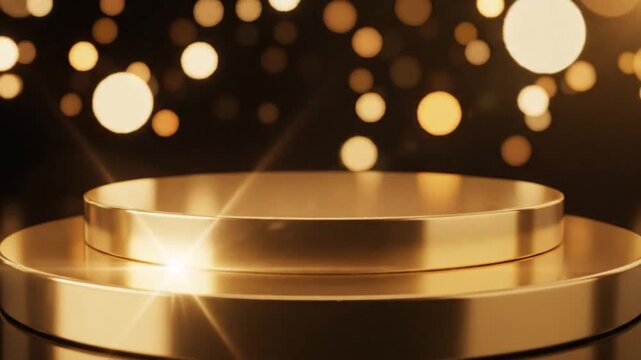 Golden circular podium display stand with sparkling bokeh lights for luxury product presentation