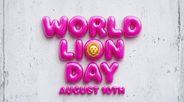World lion day august 10th 3d pink balloon typography text on a concrete wall background, creative holiday celebration greeting card design
