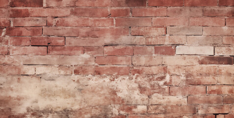 Fototapeta premium Aged red brick wall with crumbling white plaster patches for rustic architectural texture