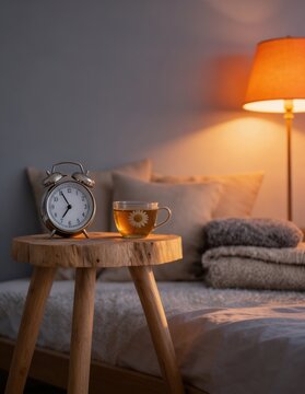 Cozy bedtime bedroom interior with vintage alarm clock and chamomile tea on wooden bedside table, copy space