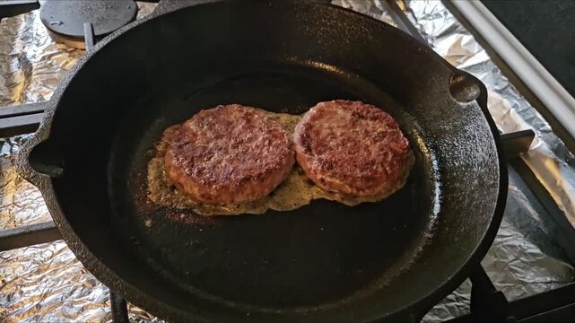 Sizzling burger patties frying in a pan. Juicy beef burger cooking with delicious smoke, perfect for food ASMR and recipe b-roll.