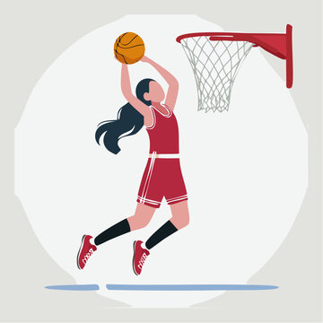 Woman playing basketball, jumping to score a basket