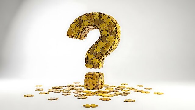 3D-rendered question mark constructed from scattered puzzle pieces on a white backdrop