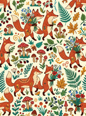Obraz premium Vintage Folk Art Vector Pattern with Foxes and Botanical Elements in Warm Earth Tones
