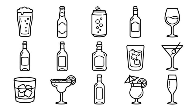 Alcoholic beverages, bottles, and glasses line art icons