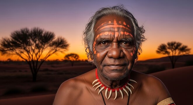 Indigenous Elder Man with Traditional Face Paint Standing in Desert at Sunset
