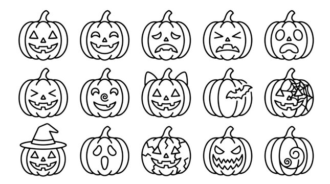 Halloween pumpkin jack-o-lantern set with various expressions