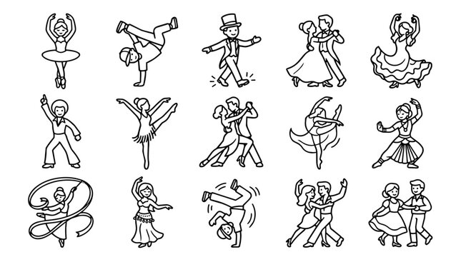 Various dance styles and dancers icon set