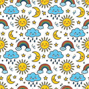 Vector Pattern with Smiling Clouds Suns Moons Rainbows and Stars in Playful Colorful Style