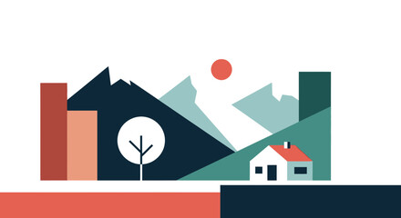 Obraz premium Abstract Geometric Landscape with House, Mountains, and Sun