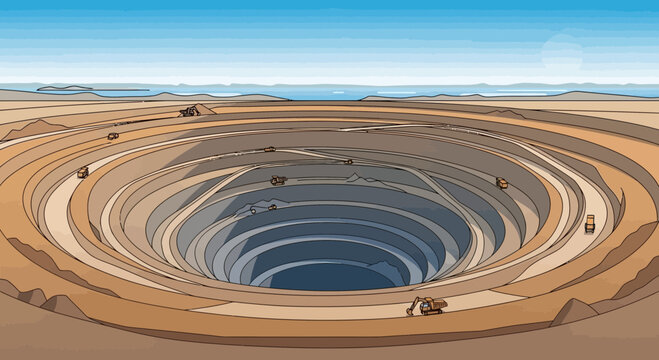 Massive open-pit mine with excavation machinery and vast underground excavation.