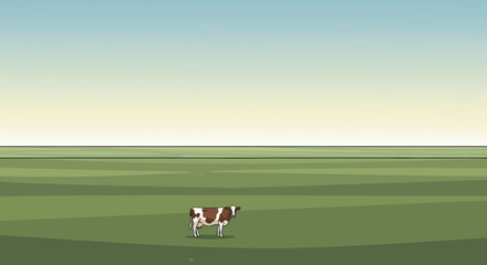 Lone cow grazing in vast green field under a pixel art sky © Maryati