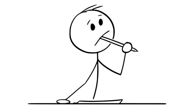 Stick figure character sitting at a desk thinking with a pencil in mouth isolated on transparent background
