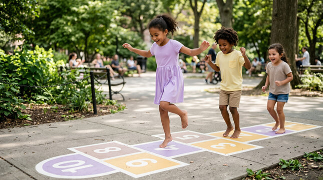 Children playing hopscotch game in green park. Kids hopping on colorful numbered sidewalk grid outdoors. Active childhood and traditional outdoor play concept