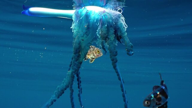 Macro underwater shot showing a Portuguese man o' war with Nomeus gronovii and juvenile pompano fish swimming among tentacles, featuring beautiful light refraction and a boat silhouette in the backgro