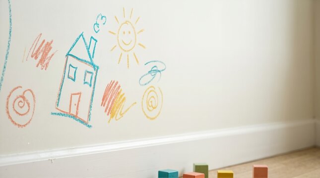 Colorful crayon drawings on a white interior wall. Child scribbles of a house and sun. Copy space for text