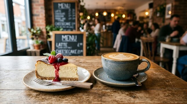 Delicious cheesecake & coffee in a cafe setting