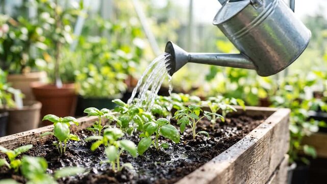 Watering young plants in wooden planter with can in greenhouse  