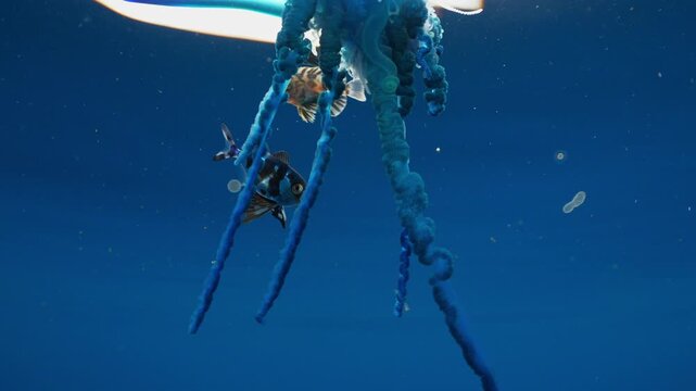 Portuguese man o' war drifting with tiny symbiotic fish in its tentacles and a boat silhouette in the background