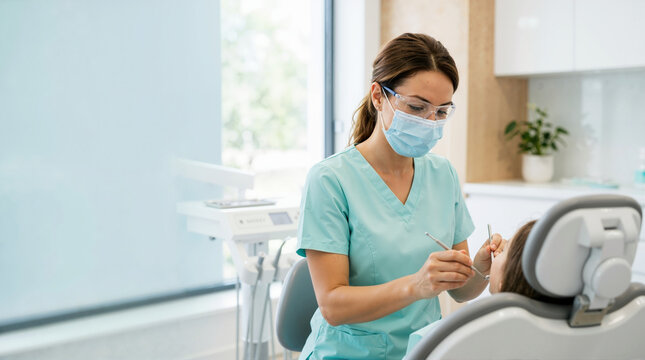 Female dental hygienist in mask and safety glasses treating a patient. Professional dentist working in a modern dental clinic. Oral healthcare concept