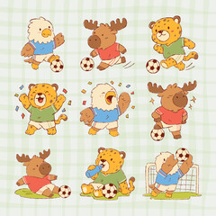 Fototapeta premium Cute Soccer Animal Mascot Clipart Hand Drawn Character 